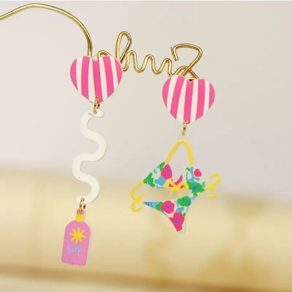14k BEACH BATHING suntain lotion bikini mismatched earrings
